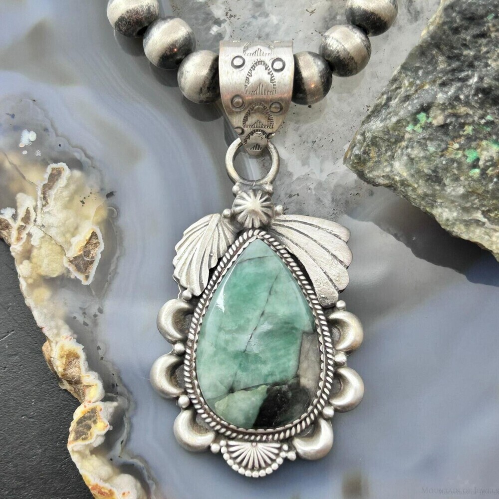 Sterling Southwestern Style Teardrop Emerald Decorated Pendant For Women